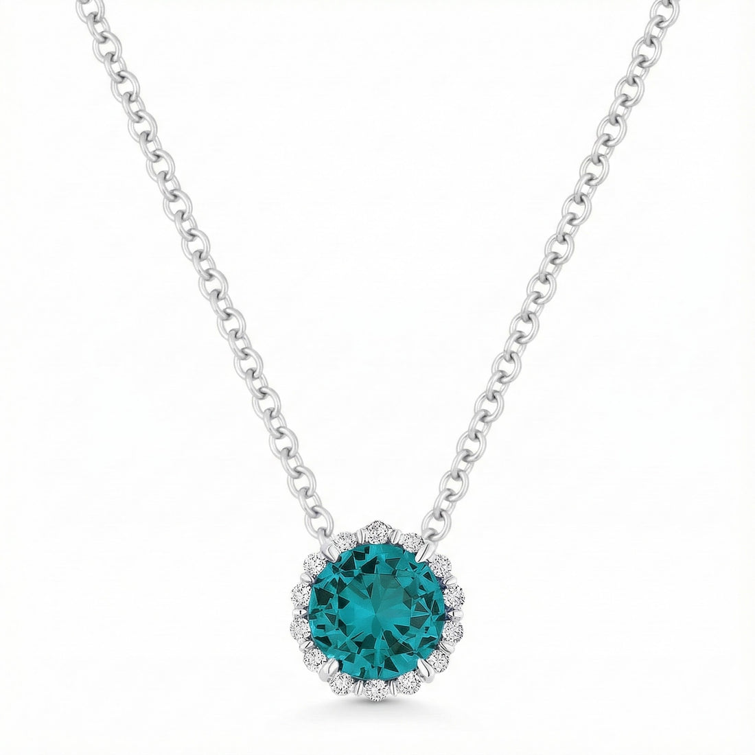 Madison L | Round Created Tourmaline & Diamond Halo Slide Pendant | 14K White Gold | Gemstone Necklace - Brownee Jewelers