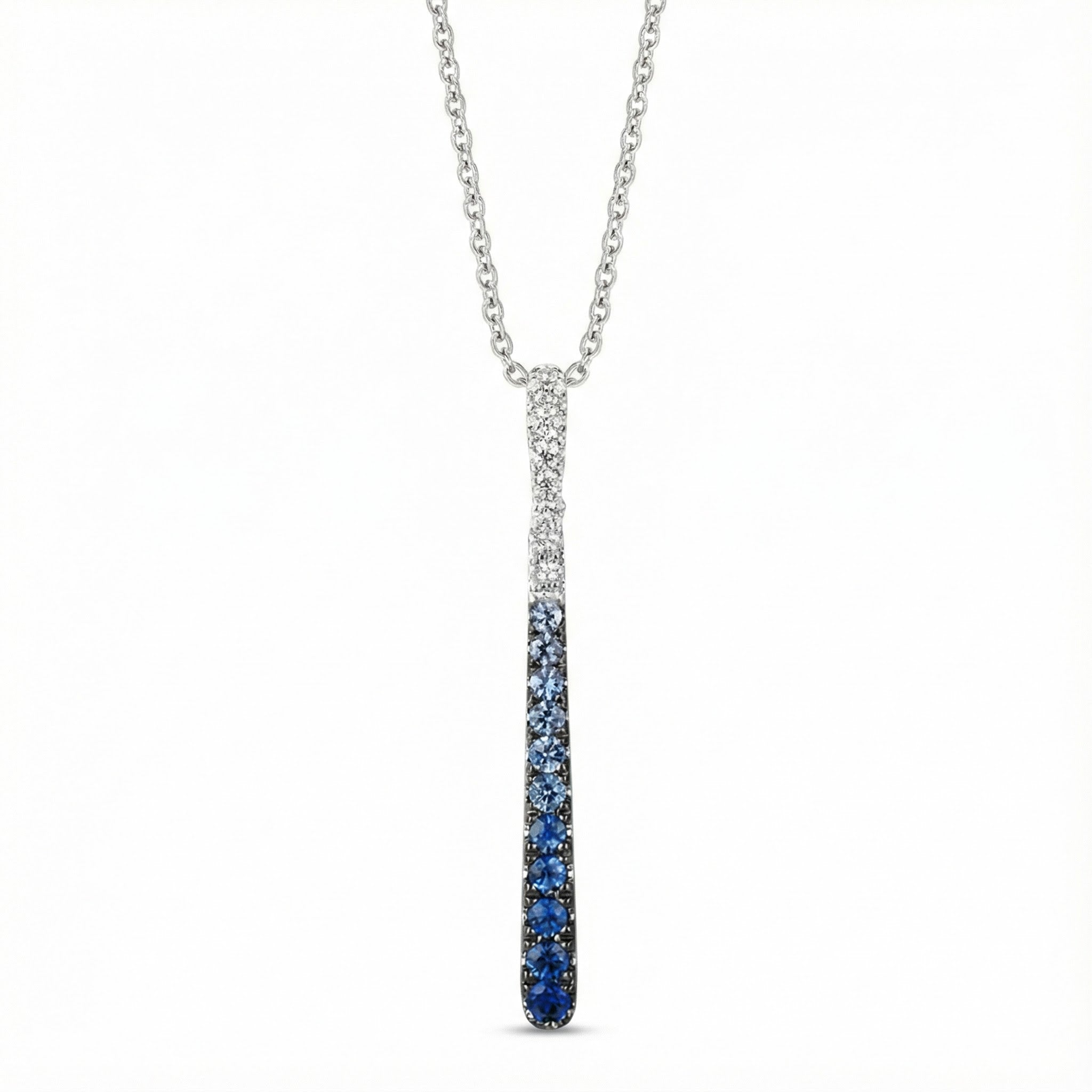 Le Vian® 14K Vanilla Gold® Denim Ombré® Sapphire & Vanilla Sapphire™ Pendant This sleek Le Vian® Ombre® pendant features a vertical bar design that transitions beautifully from deep midnight blue to soft sky blue