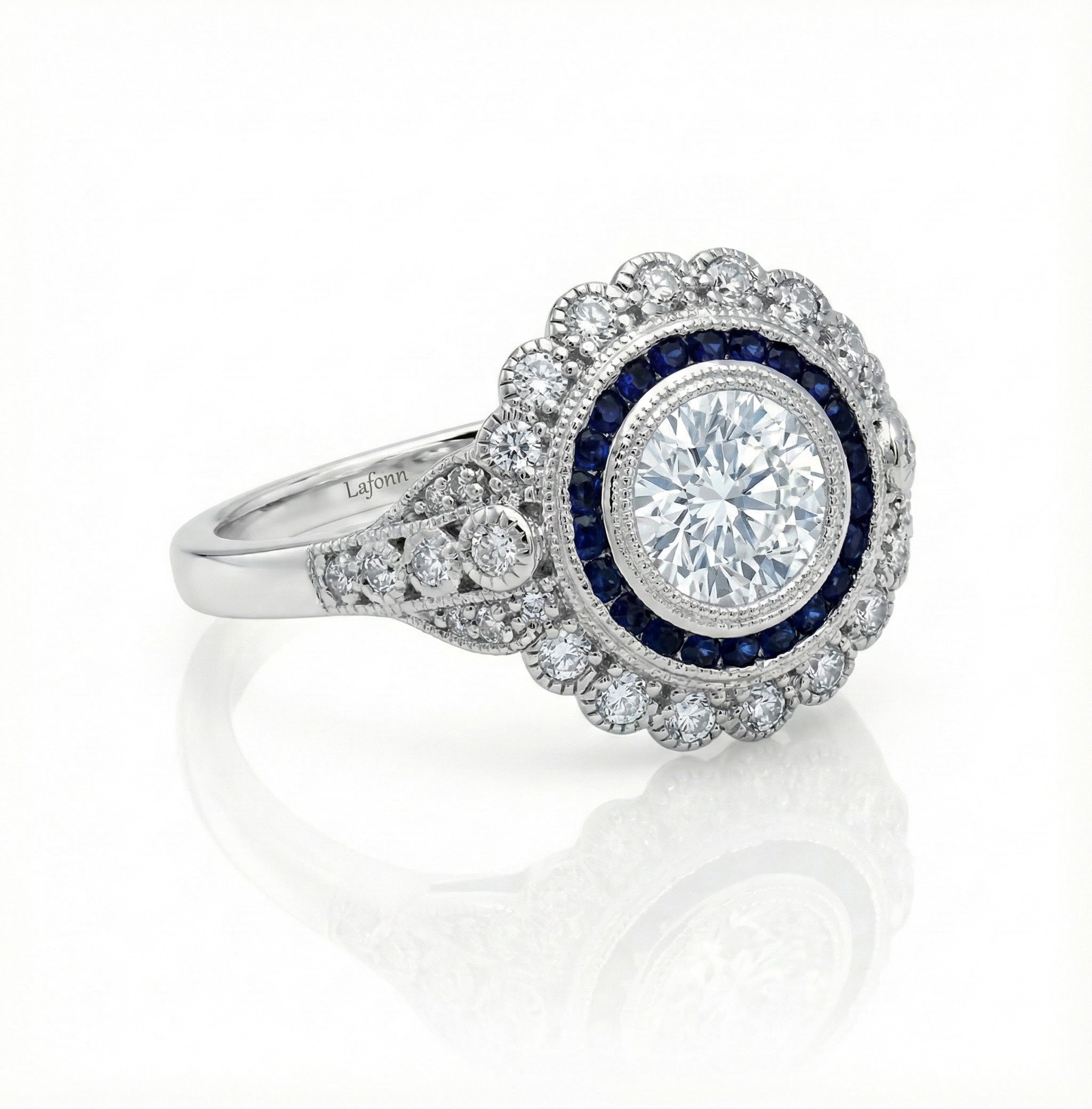 Round CZ Ring with Sapphire Halo | Sterling Silver | Vintage-Inspired Halo Ring - Brownee Jewelers