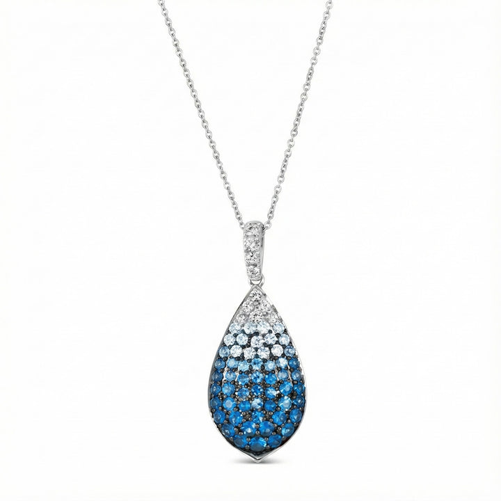 Blue & White Sapphire Ombré Teardrop Pendant | 14K White Gold | 1.26 ctw | Pear Drop Necklace - Brownee Jewelers