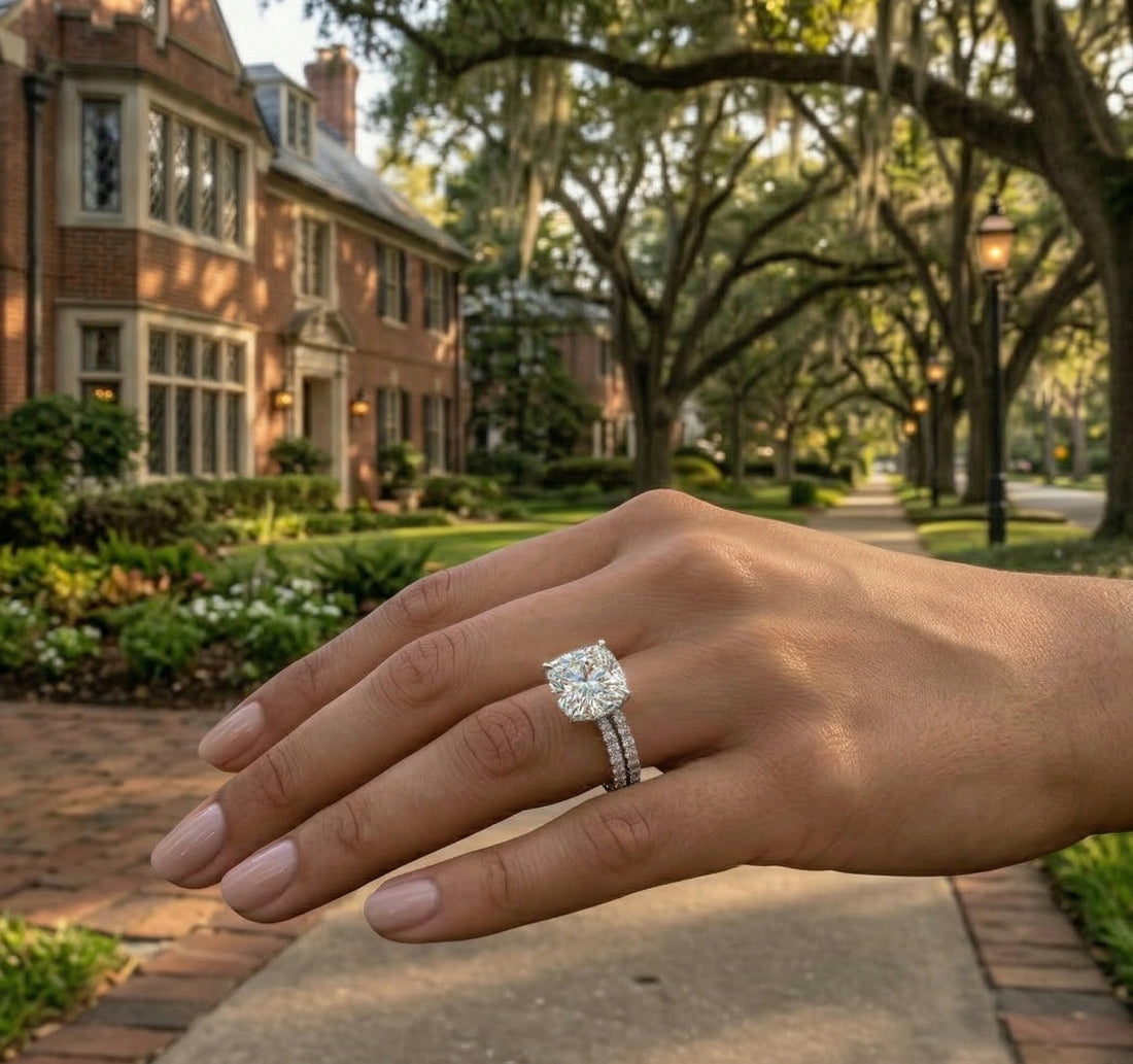 Cushion Lab-Grown Diamond Bridal Ring Set | 14K White Gold | Engagement Ring Set | Approx. 5.00 ct Center | Pavé Bands - Brownee Jewelers