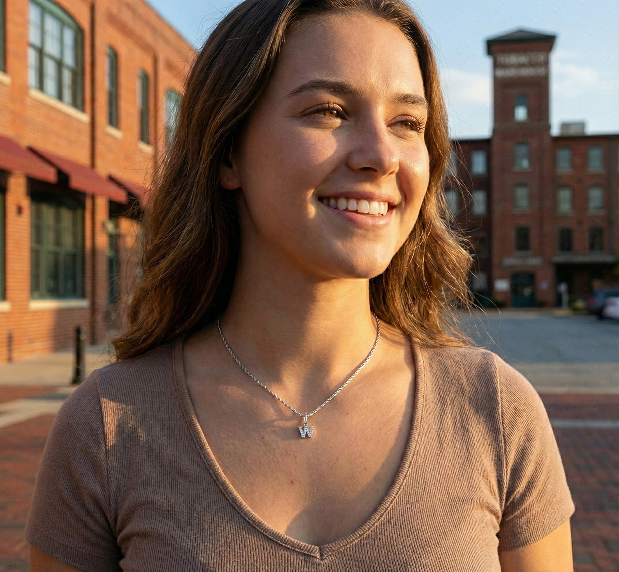 Silver Diamond Block “W” Initial Pendant – 1/8 CTW