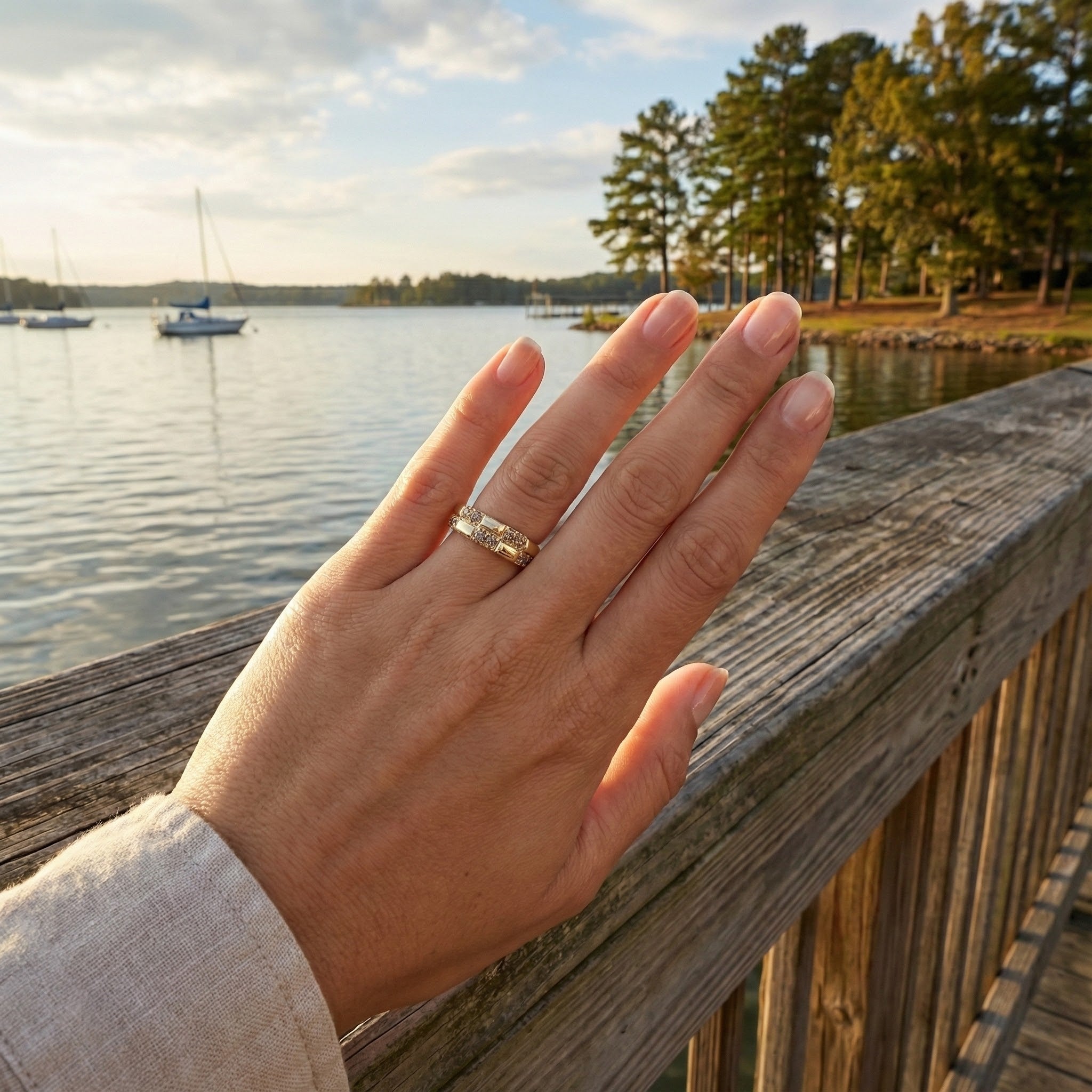 Le Vian® 14K Honey Gold™ Nude Diamond™ Band (1/4 ctw) This modern Le Vian® band features a bold geometric design accented with 1/4 carat of Nude Diamonds™ set into shimmering square stations