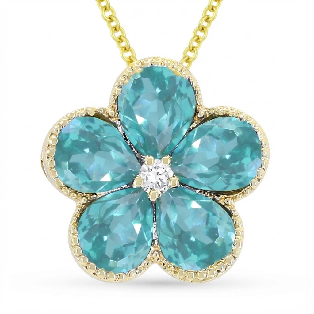 Madison L | Paraíba-Color Created Sapphire Flower Pendant | 14K Yellow Gold | Diamond Accent Floral Necklace - Brownee Jewelers