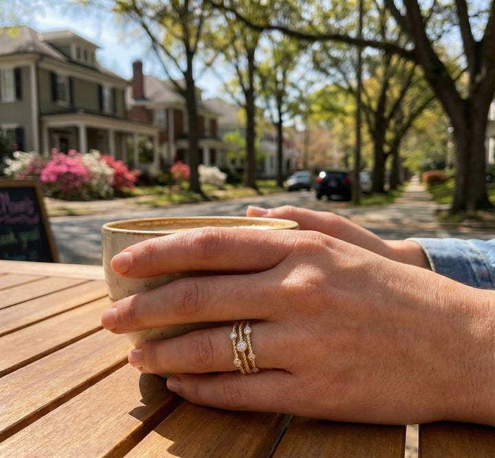 Round Diamond Bezel Station Band | 14K Yellow Gold | Diamond Fashion Ring | Beaded Stackable Design - Brownee Jewelers