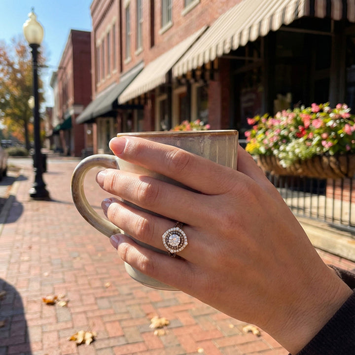 Le Vian® 14K Honey Gold™ Ring with Nude Diamonds™ & Chocolate Diamonds® A dazzling blend of warm tones and brilliant sparkle, this Le Vian® halo ring features a lavish 1/2 ct. of Nude Diamonds™ paired with 1/3 cts. of rich Chocolate Diamonds®