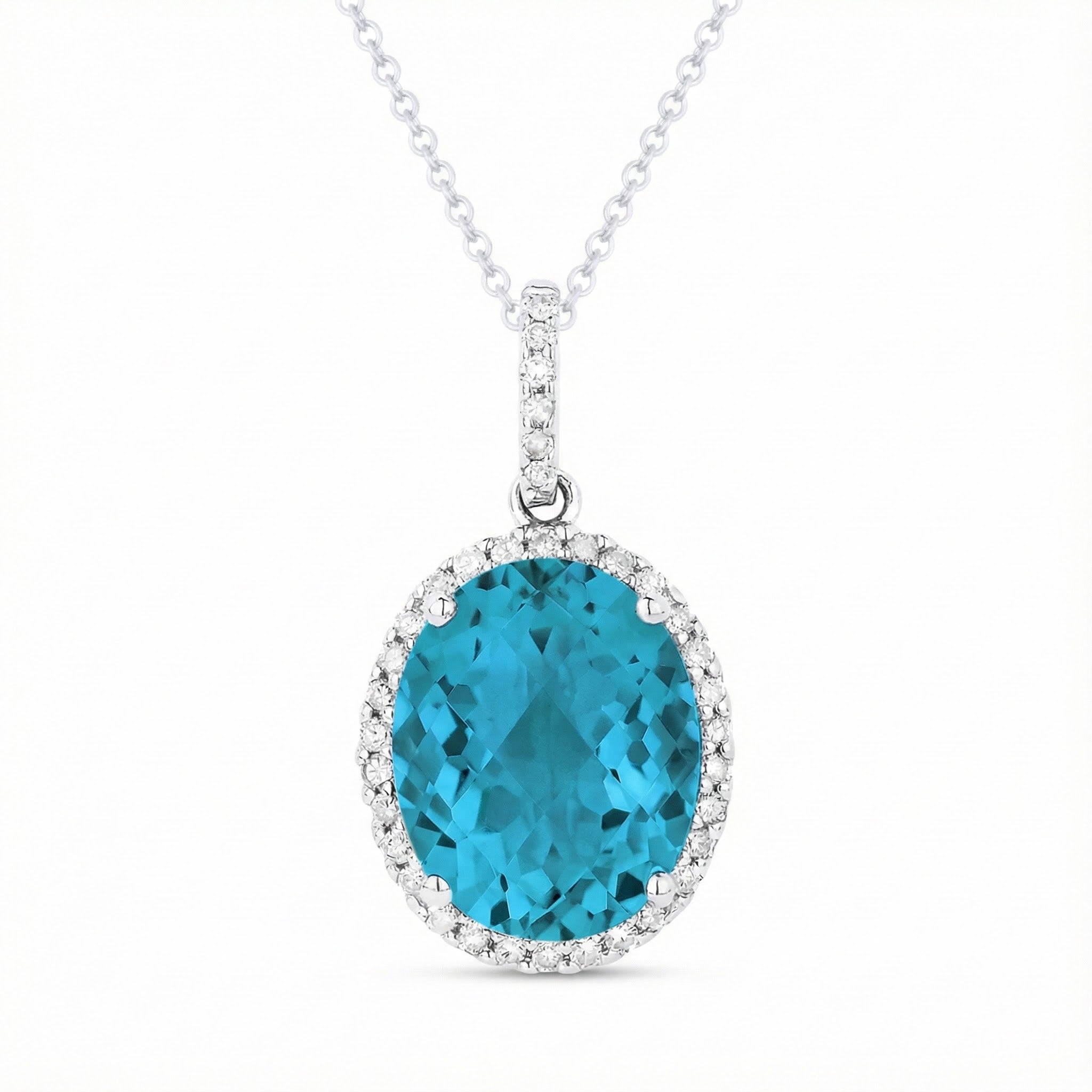 Madison L | Oval Created Tourmaline & Diamond Halo Pendant | 14K White Gold | Blue Gem Necklace - Brownee Jewelers