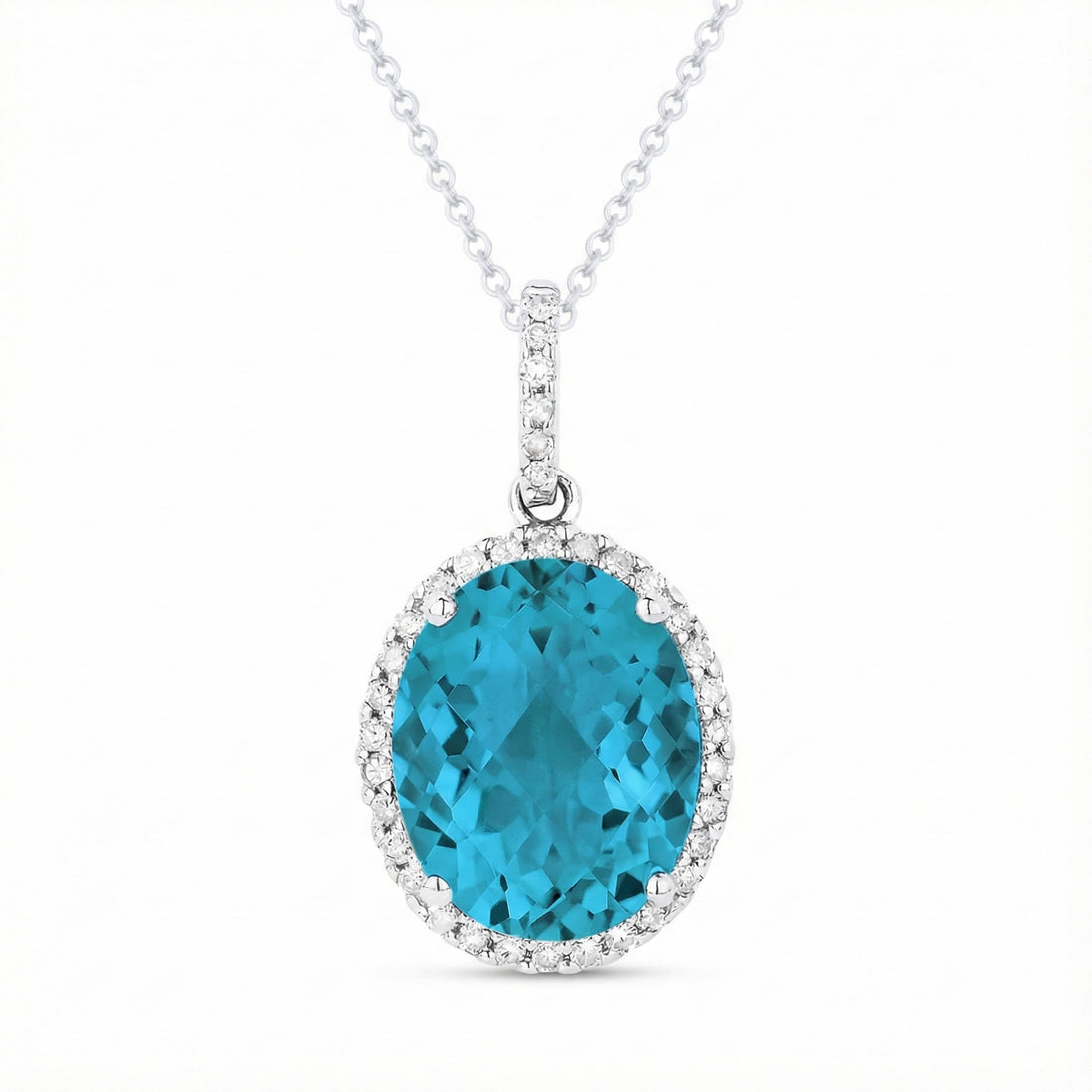 Madison L | Oval Created Tourmaline & Diamond Halo Pendant | 14K White Gold | Blue Gem Necklace - Brownee Jewelers
