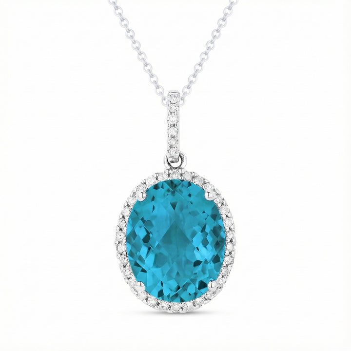Madison L | Oval Created Tourmaline & Diamond Halo Pendant | 14K White Gold | Blue Gem Necklace - Brownee Jewelers