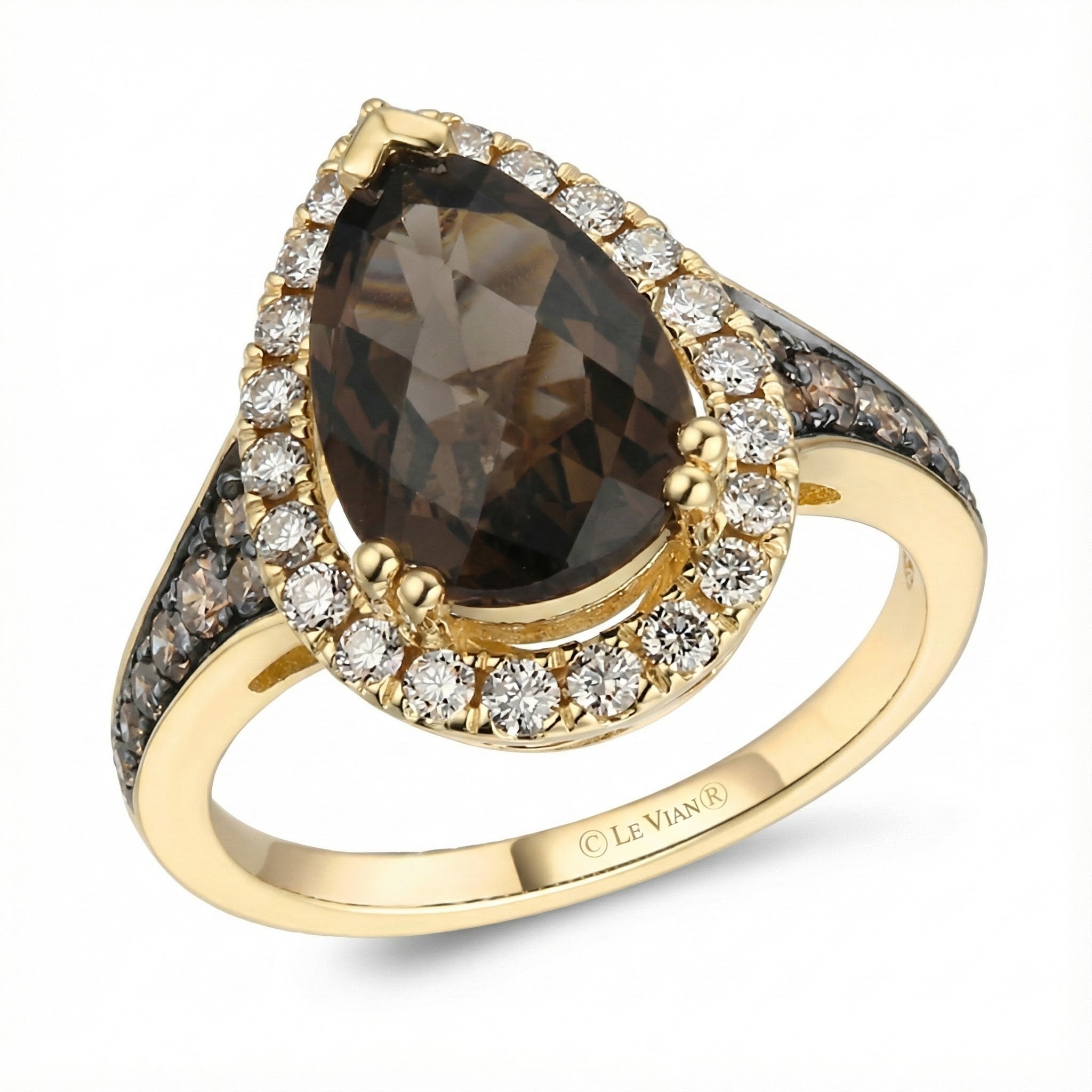 Le Vian® 14K Honey Gold™ Chocolate Quartz®, Chocolate Diamond®, & Nude Diamond™ Ring This dramatic Le Vian® ring features a rich 2 3/4 ct. Chocolate Quartz® in a striking pear-shaped cut