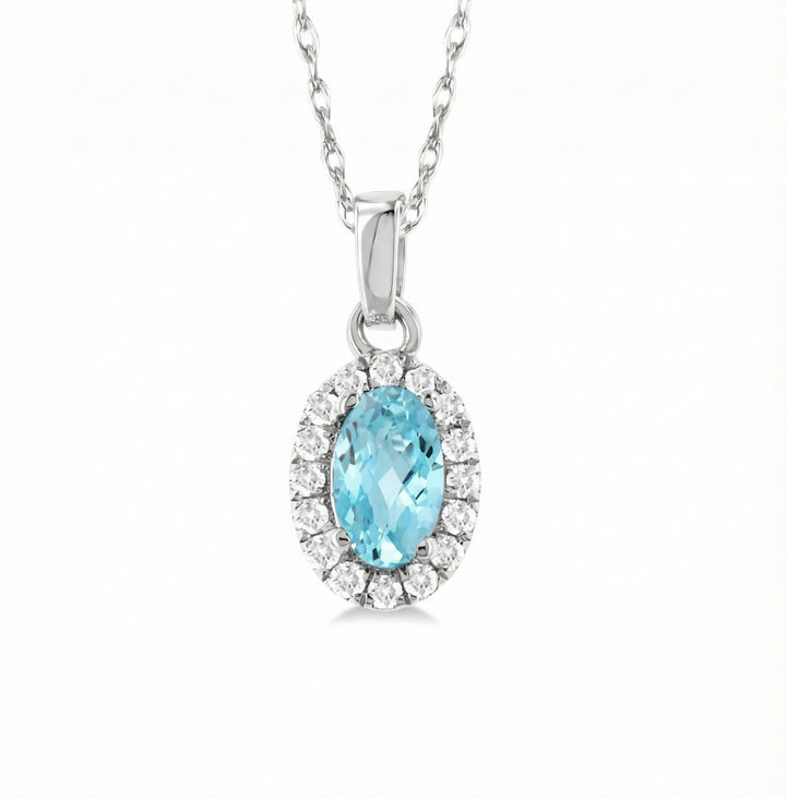Aquamarine Diamond Halo Pendant, Oval 5×3 mm, 0.07 ctw, 10K White Gold, 18" | Classic Halo | - Brownee Jewelers