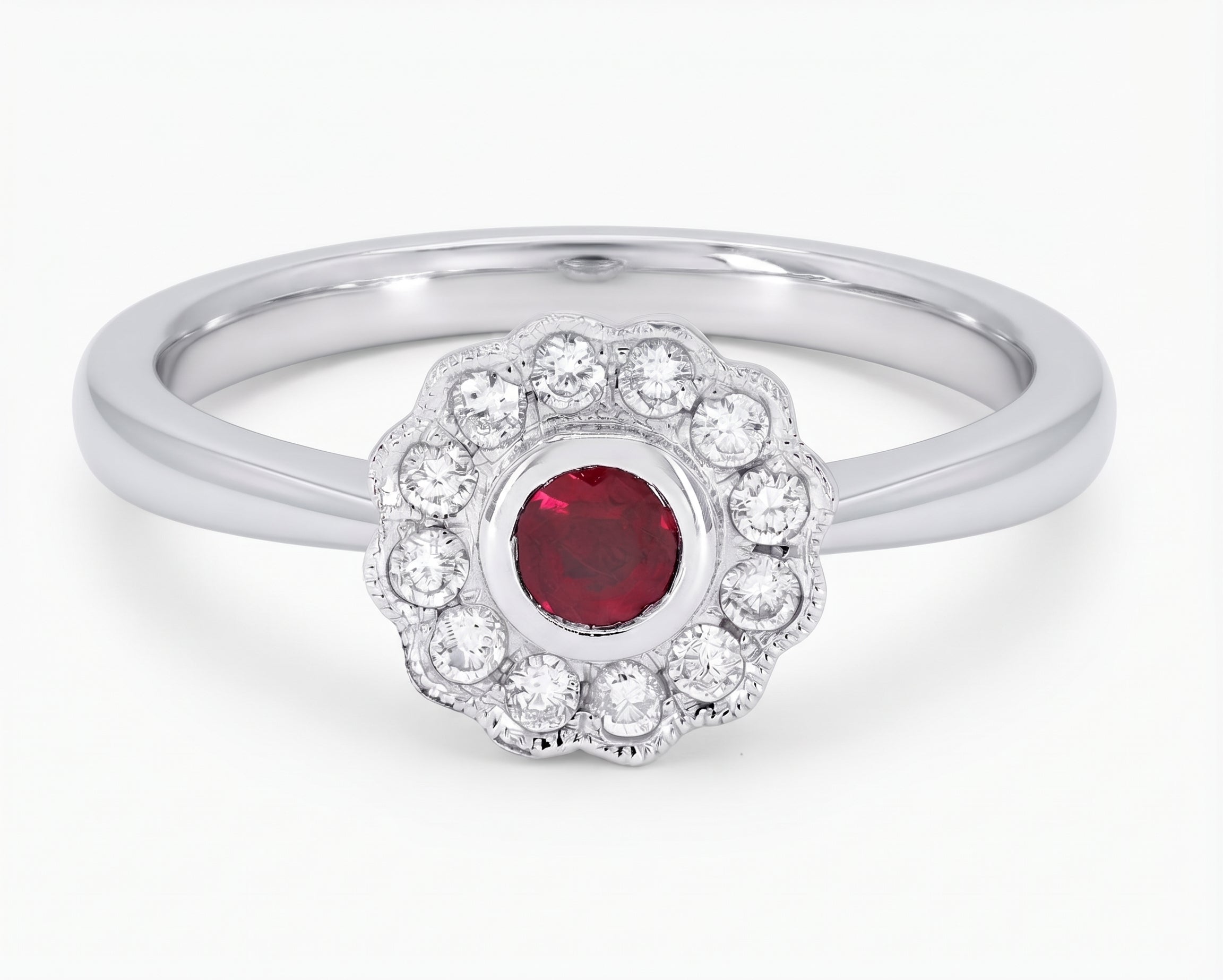 14 karat white gold ruby and diamond floral ring - Brownee Jewelers