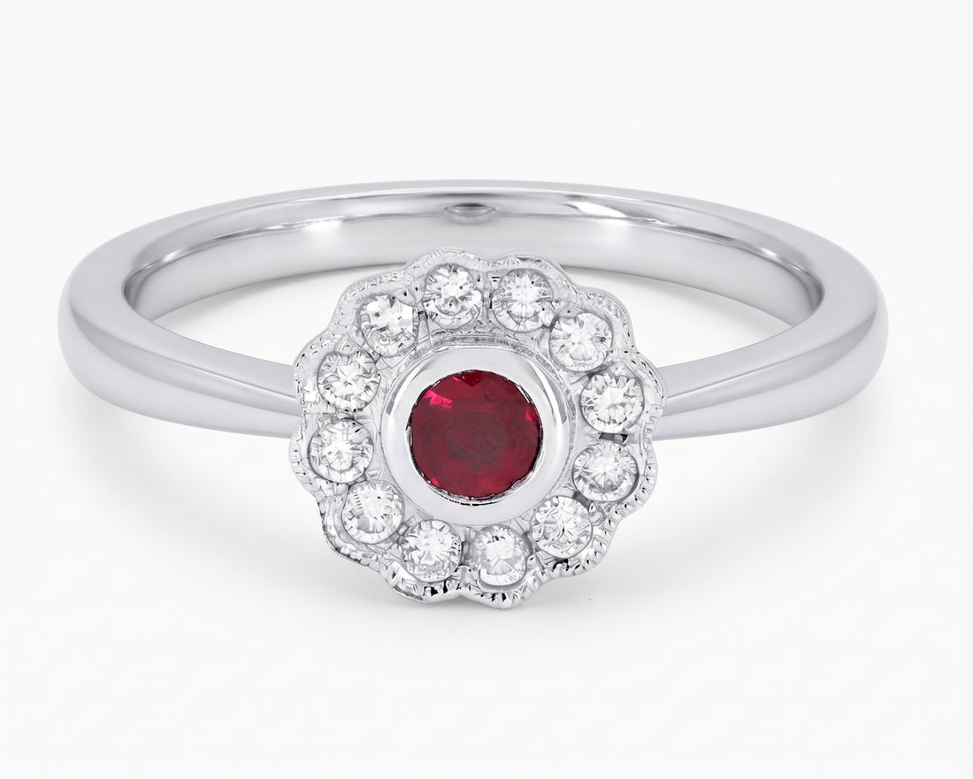 14 karat white gold ruby and diamond floral ring - Brownee Jewelers