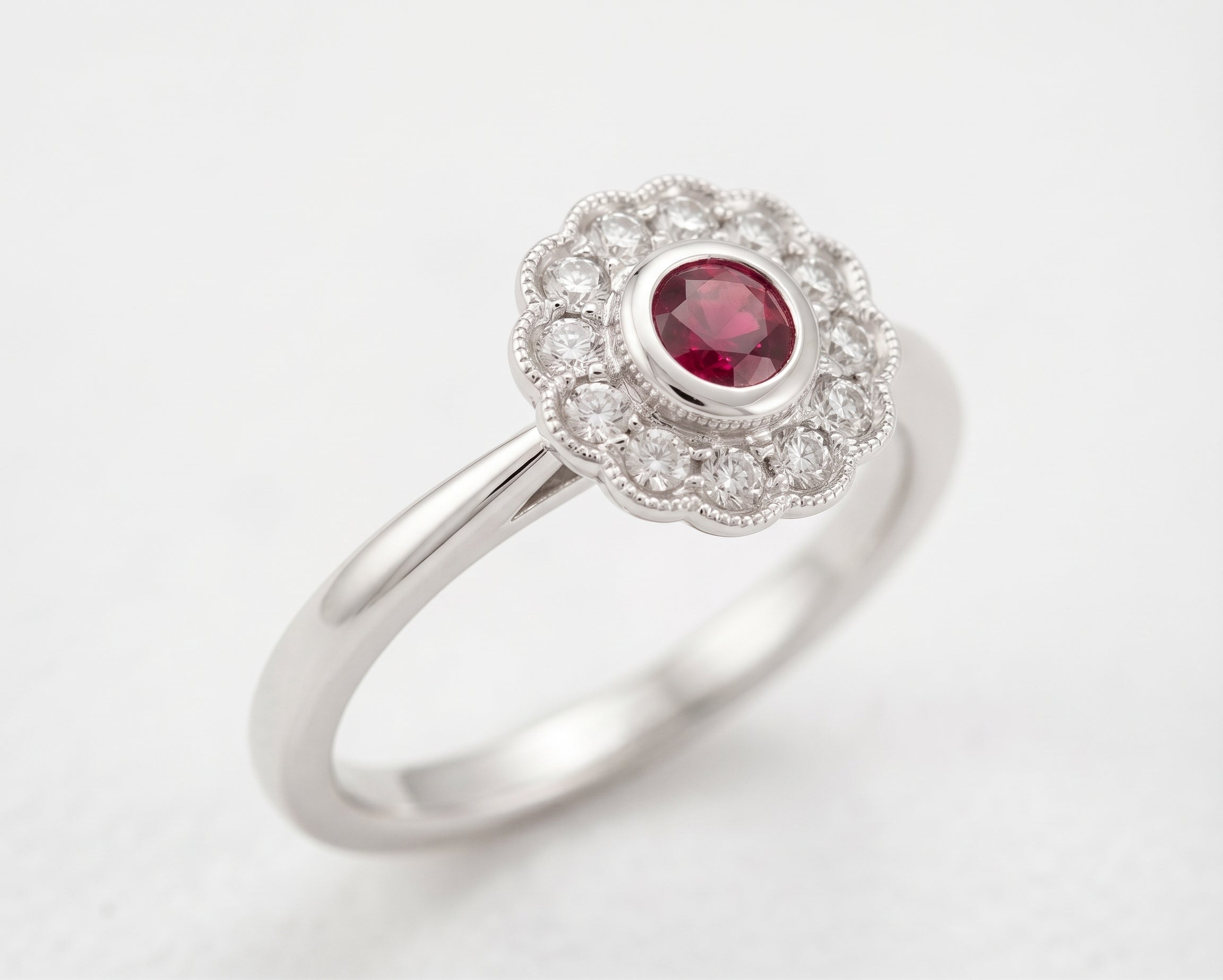 14 karat white gold ruby and diamond floral ring - Brownee Jewelers