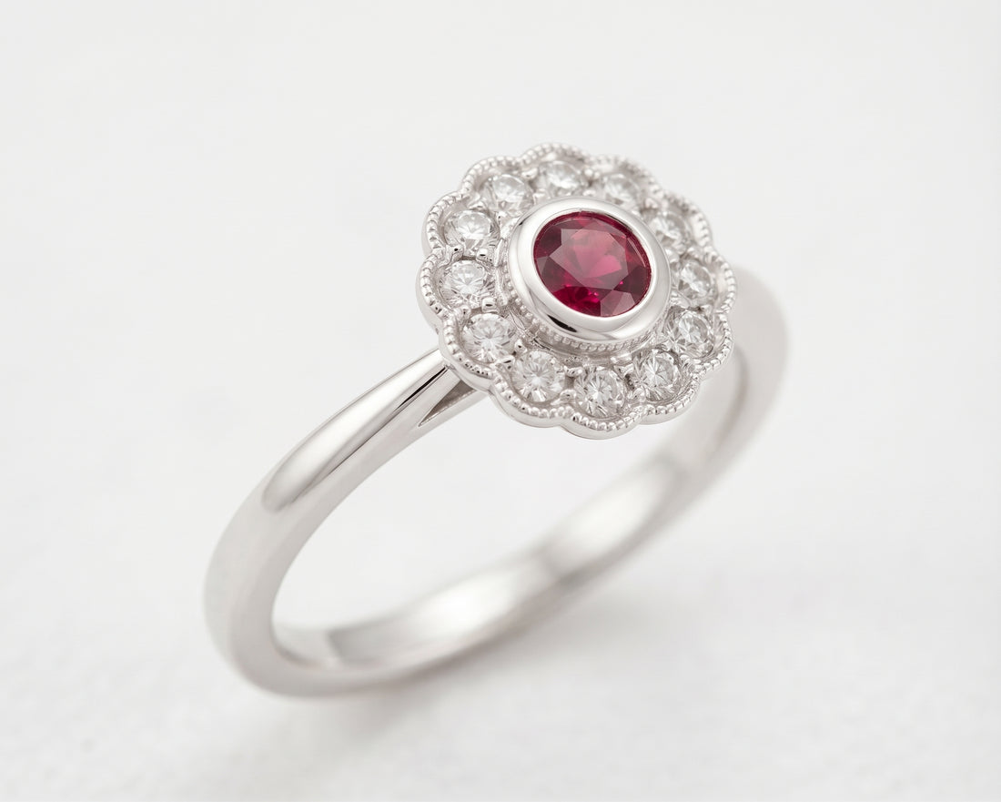 14 karat white gold ruby and diamond floral ring - Brownee Jewelers