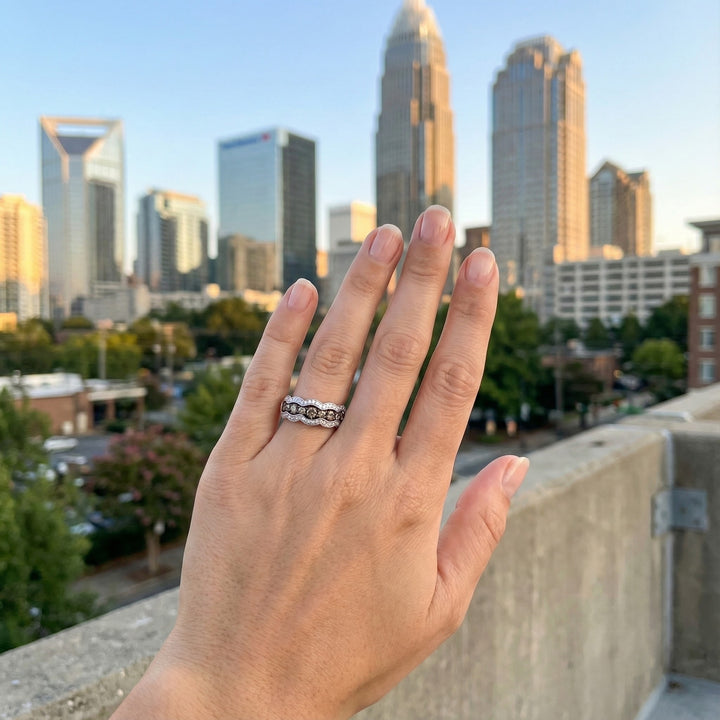 14K White Gold Le Vian® Chocolate & White Diamond Band This striking Le Vian® band features a row of rich Chocolate Diamonds® framed by scalloped halos of brilliant Vanilla Diamonds®.