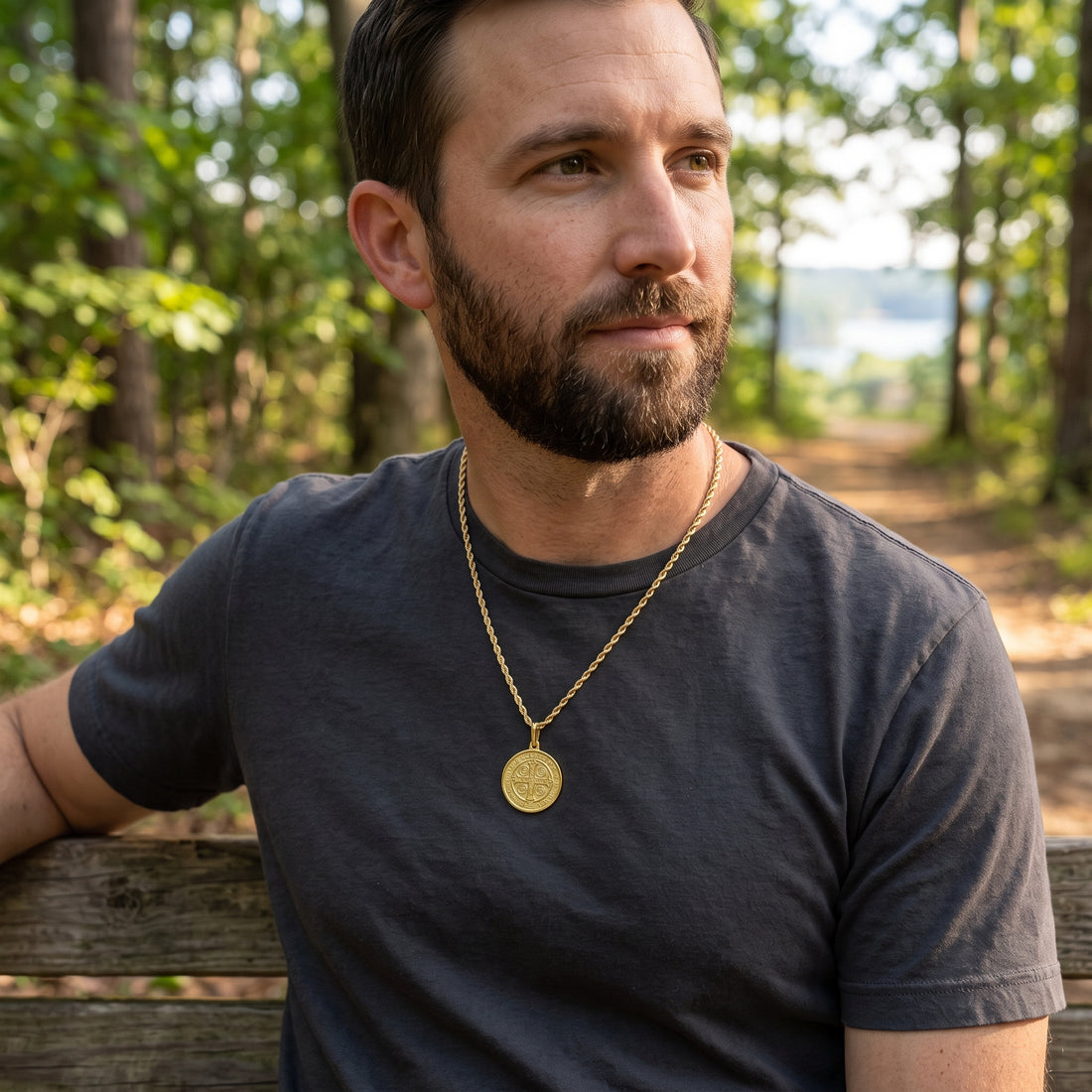 Reversible St. Benedict Medal Pendant Charm in 14K Yellow Gold