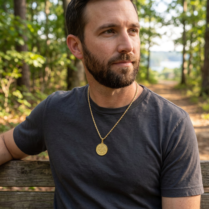 St. Benedict Medal Pendant Charm | 14K Yellow Gold | Reversible | P10132 - Brownee Jewelers