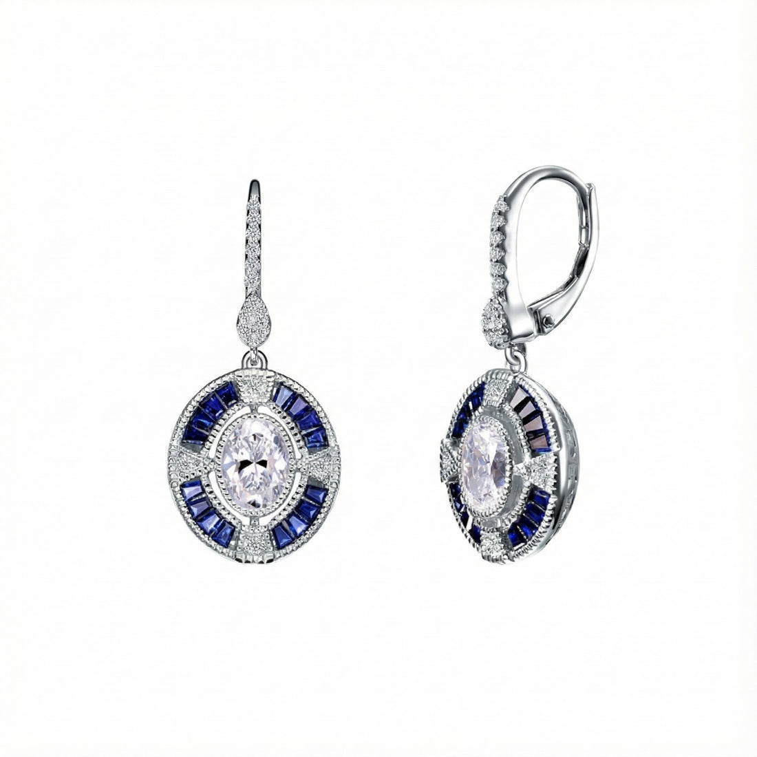 Sapphire & CZ Drop Earrings | Sterling Silver | Oval & Baguette Accents - Brownee Jewelers