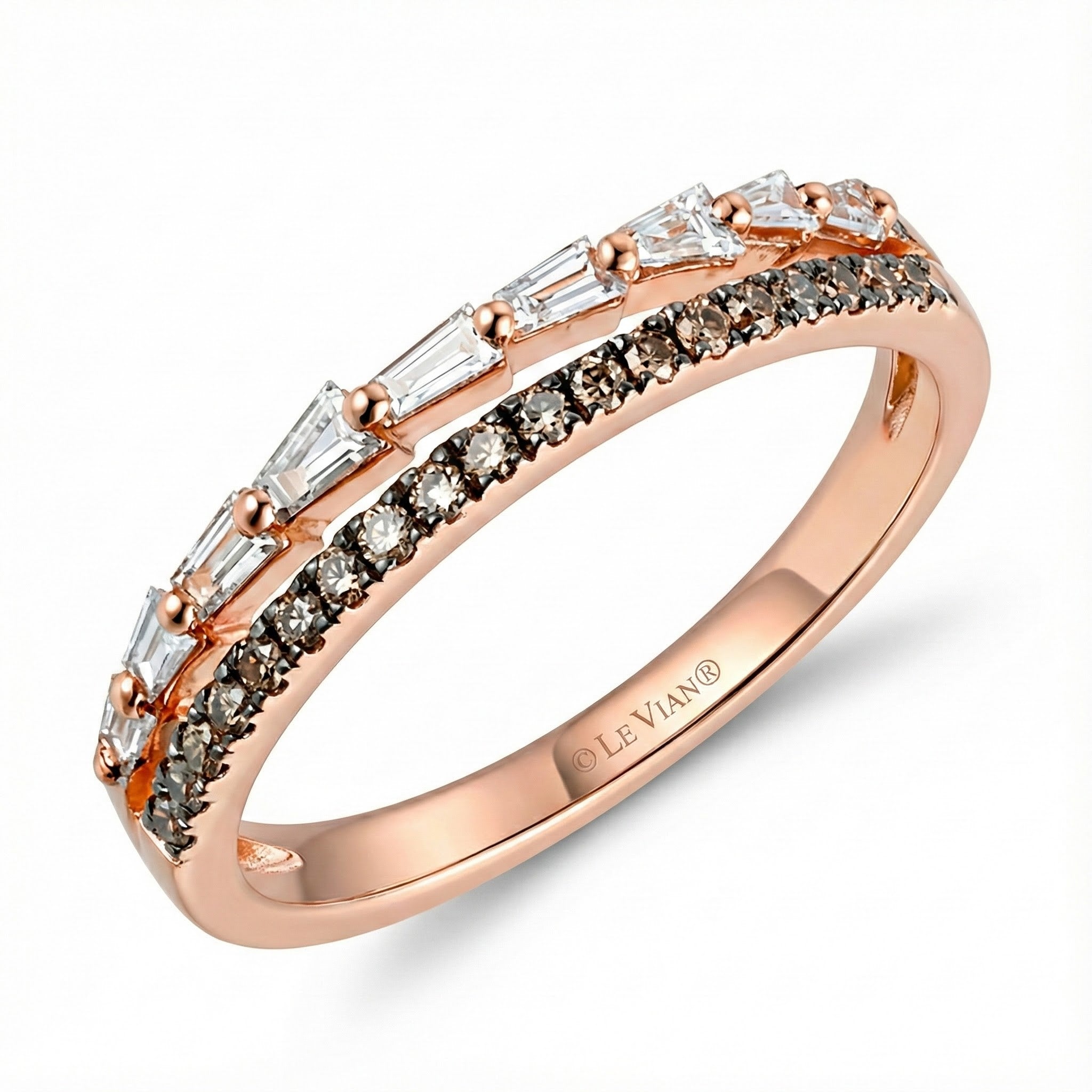 Round & Baguette Diamond Band | 14K Rose Gold | Chocolate & White Diamond Ring - Brownee Jewelers