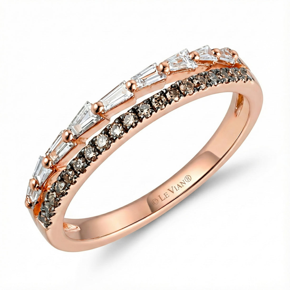 Round & Baguette Diamond Band | 14K Rose Gold | Chocolate & White Diamond Ring - Brownee Jewelers