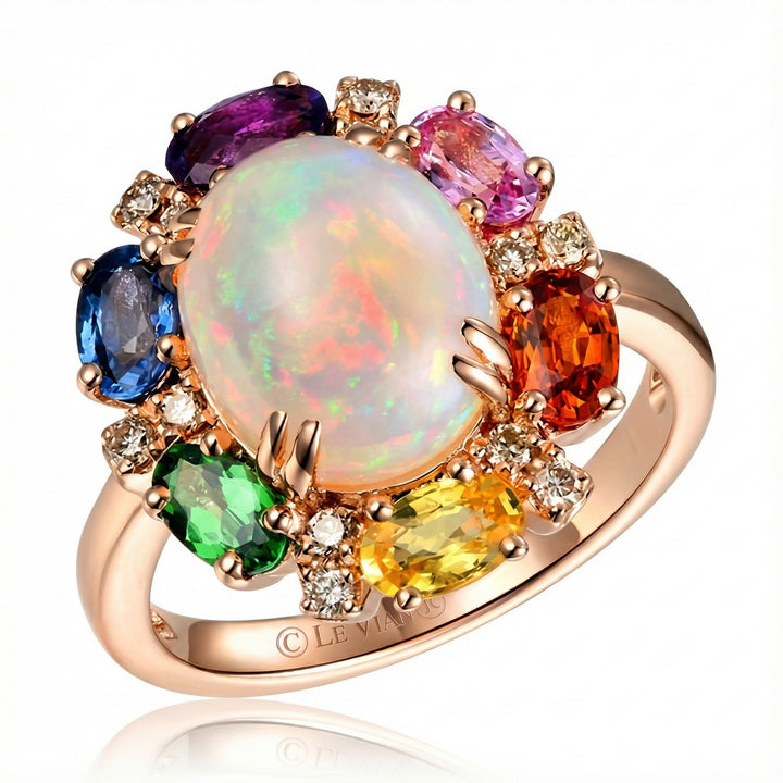 Le Vian® 14K Strawberry Gold® Ring with Neopolitan Opal®, Sapphire, Garnet, Amethyst, Tsavorite™ & Nude Diamonds™ A true celebration of color, this dazzling Le Vian® masterpiece features a luminous 1 7/8 ct. Neopolitan Opal® as its glowing centerpiece