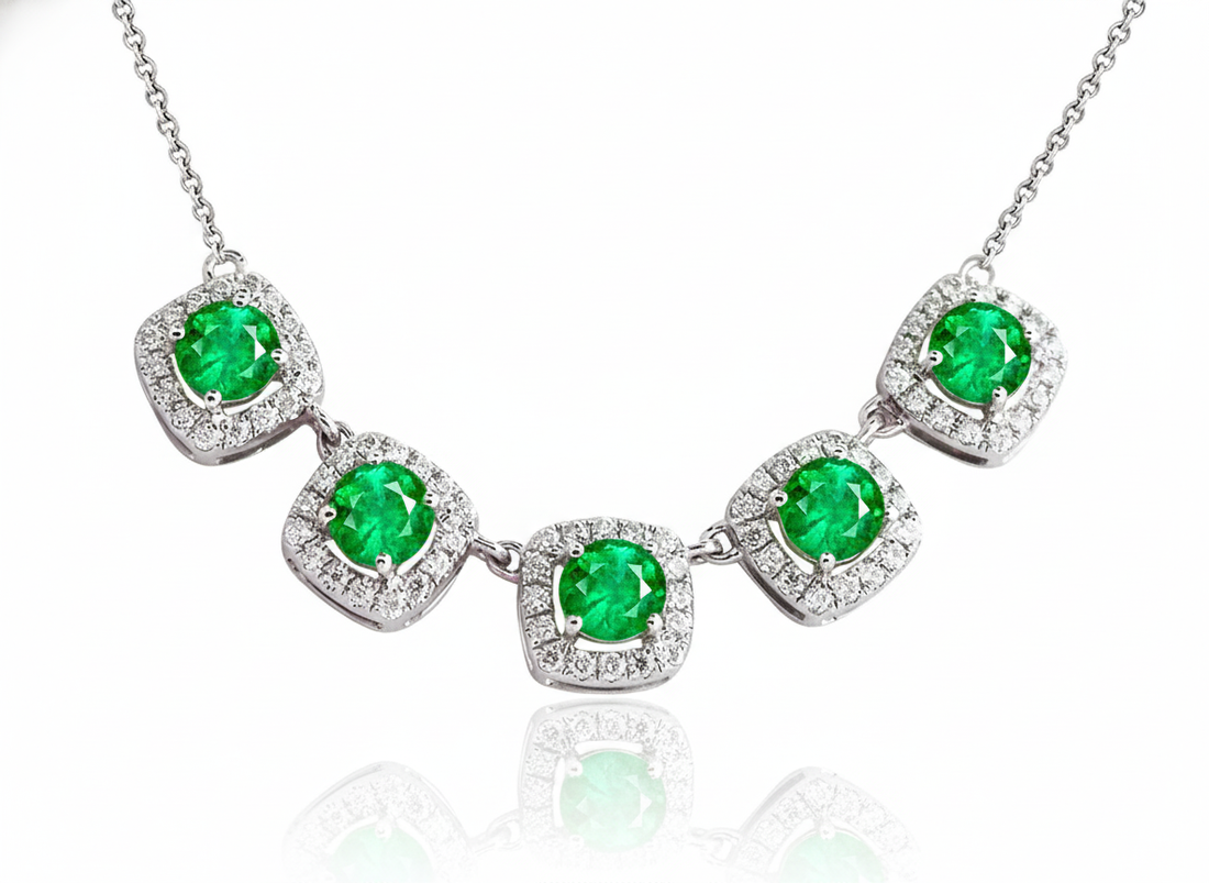 14K White Gold 1.36ct Round Emerald & .38ct Diamond Necklace