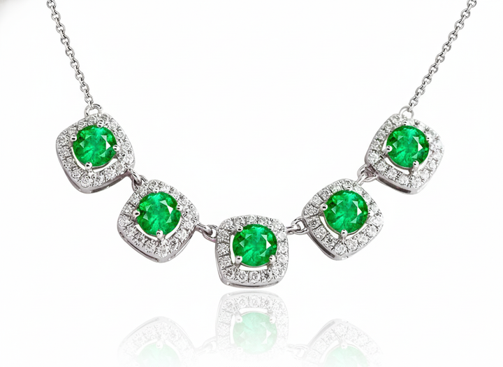 14K White Gold 1.36ct Round Emerald & .38ct Diamond Necklace