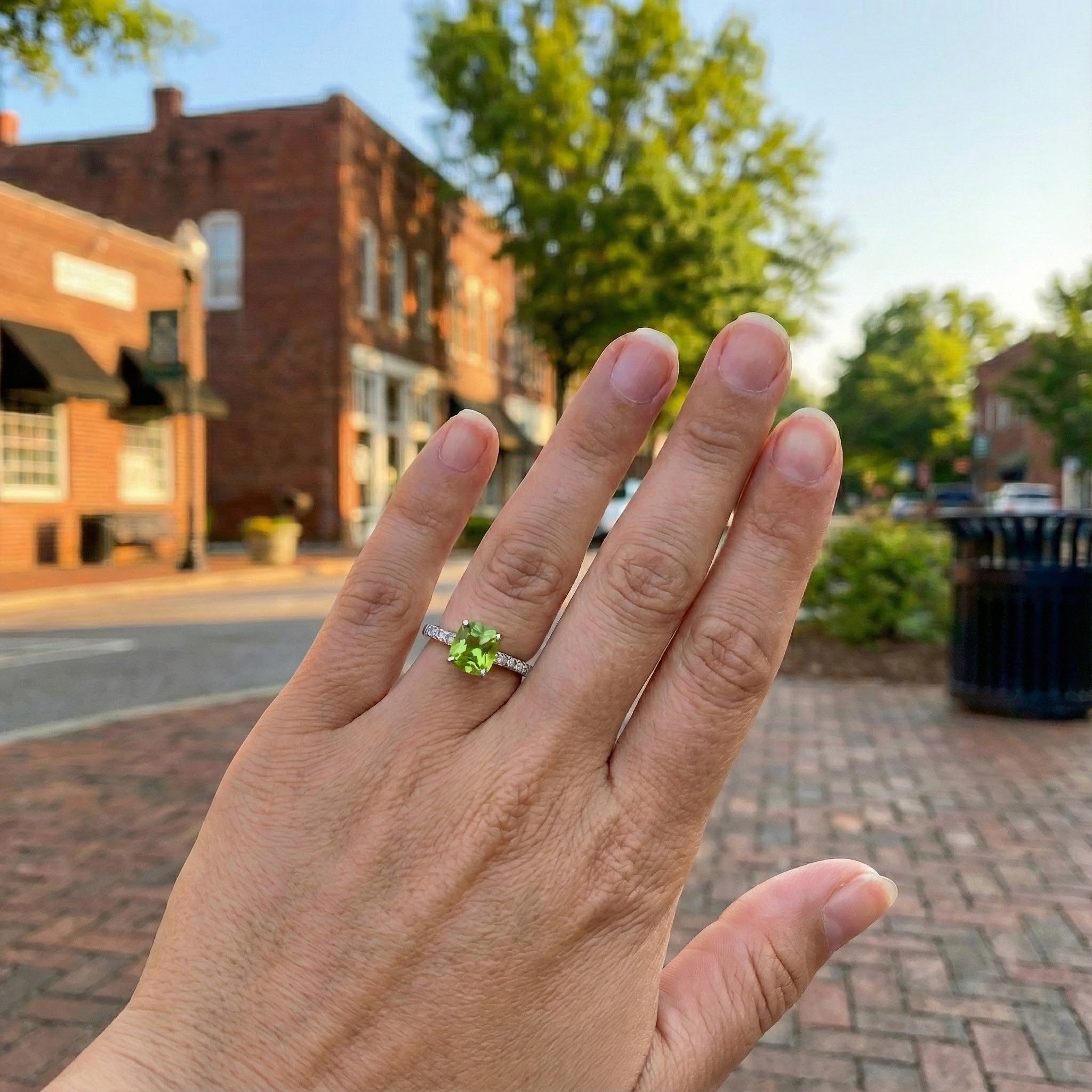 Madison L | Cushion Peridot & Diamond Ring | 14K White Gold | Green Gemstone Ring | Diamond Accents - Brownee Jewelers