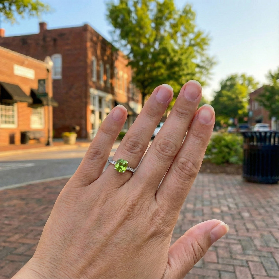 Madison L | Cushion Peridot & Diamond Ring | 14K White Gold | Green Gemstone Ring | Diamond Accents - Brownee Jewelers