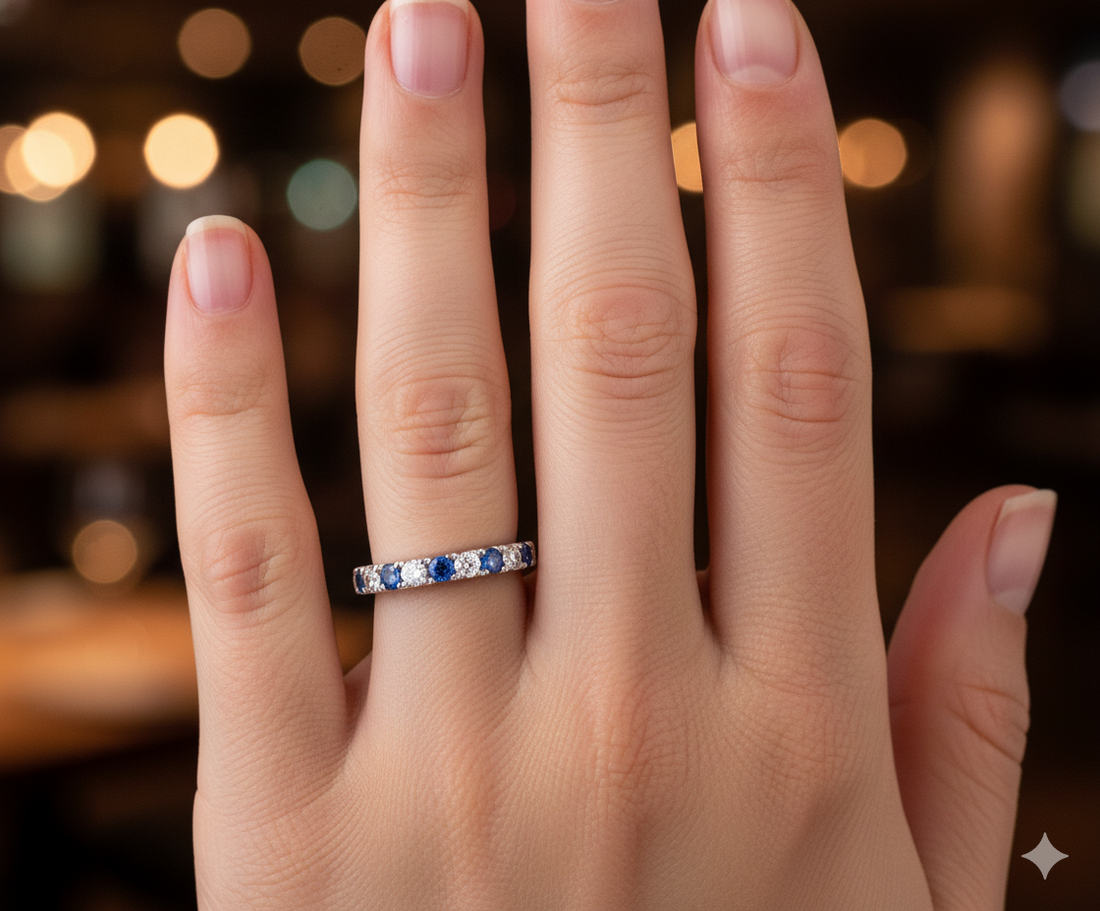 14K White Gold .90ct Sapphire & .65ct Diamond Band