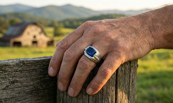 10K White Gold Cushion Blue Sapphire & Diamond Gentlemen’s Ring – Size 10.5