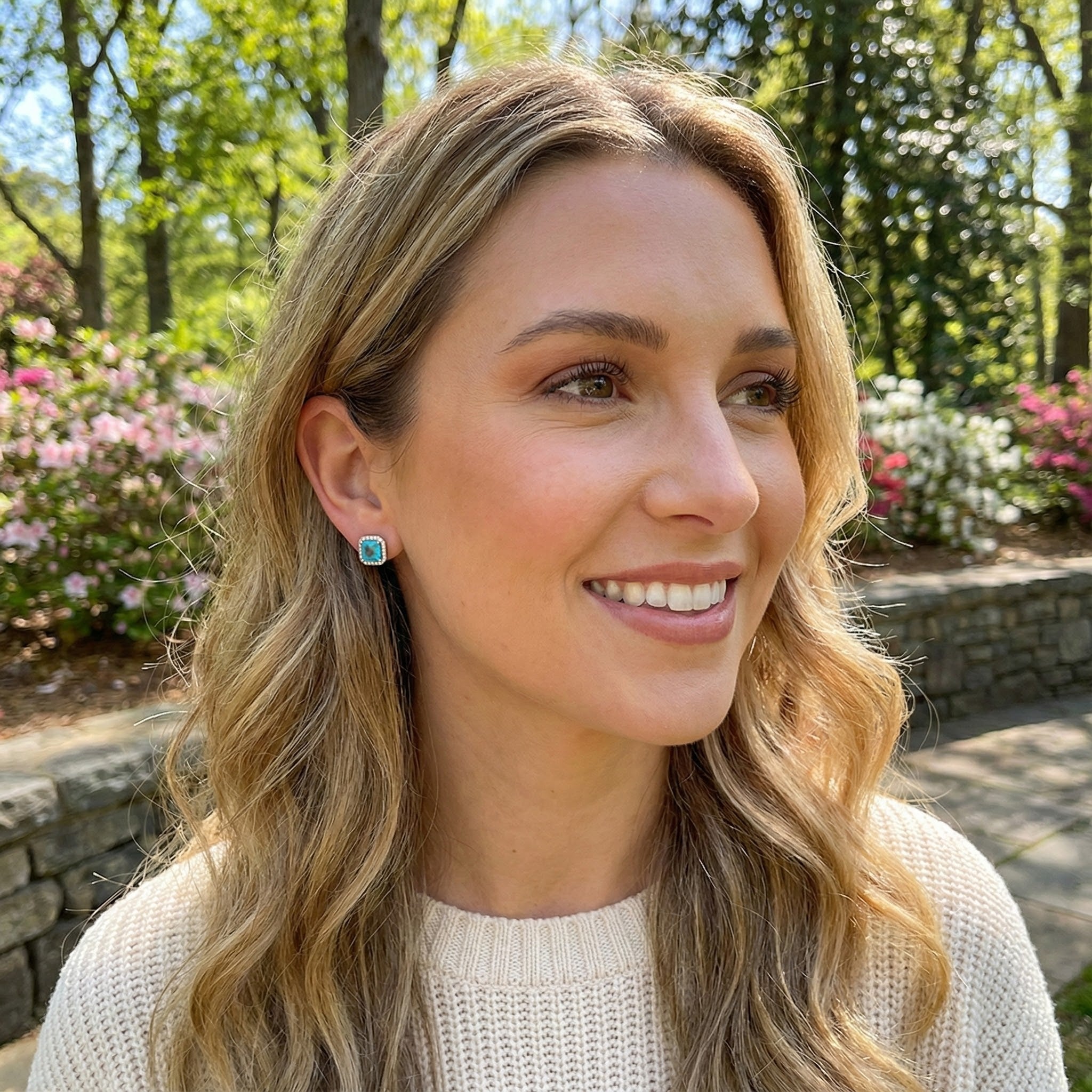 Madison L | Lab-Created Paraiba Tourmaline & Diamond Halo Stud Earrings | 14K White Gold | Square Studs - Brownee Jewelers