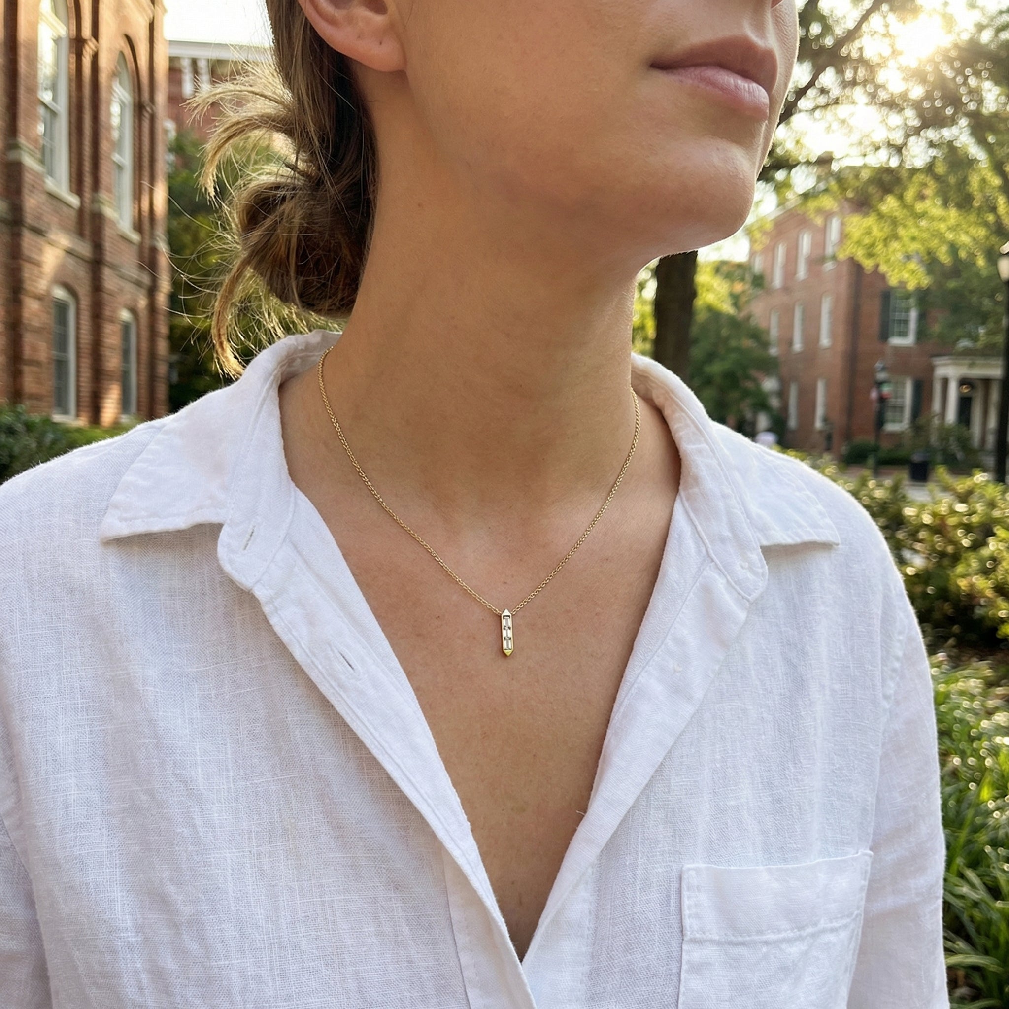 Diamond Baguette Vertical Necklace | 14K Yellow Gold | 0.18 ctw | Modern Geometric Pendant - Brownee Jewelers