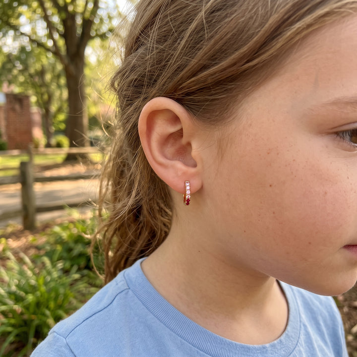 Pink CZ Gradient Kids Huggie Earrings | Sterling Silver & 14K Yellow Gold-Plated | 9mm | GP-03-01204 - Brownee Jewelers