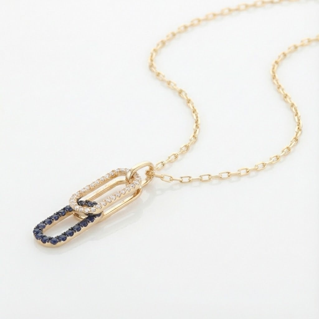 Madison L | Sapphire & Diamond Pavé Paperclip Pendant | 14K Yellow Gold | Two-Tone Link Necklace - Brownee Jewelers