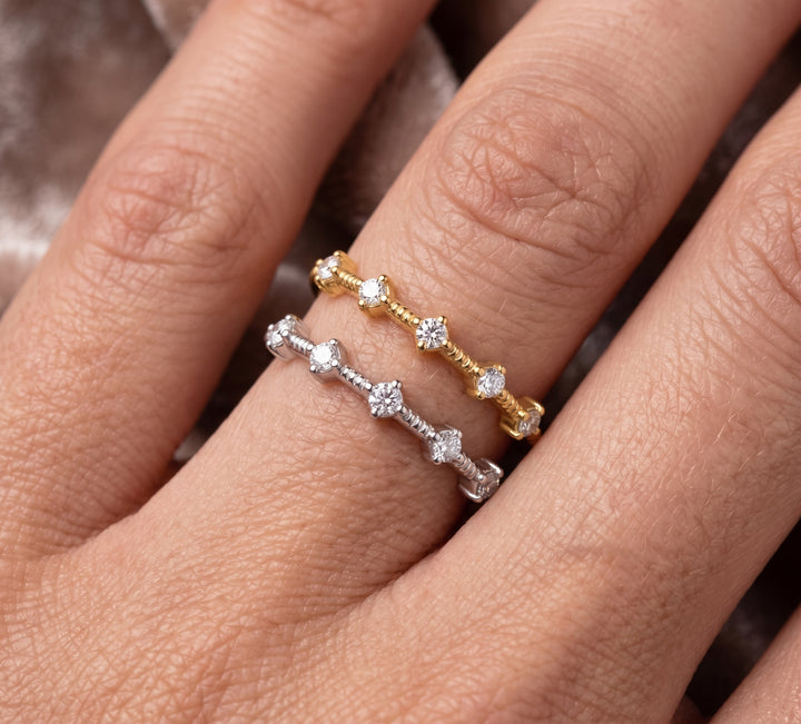 0.10 Total Carat Weight Round Diamond Station Milgrain Stackable Ring in 14K White Gold