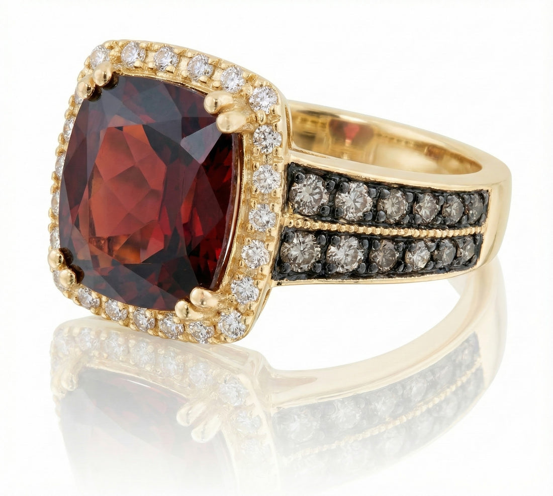 Le Vian® Pomegranate Garnet™ & Diamond Ring – 14K Honey Gold™ Bold and irresistibly rich, this striking ring by Le Vian features a dramatic cushion-cut Pomegranate Garnet™ glowing with deep crimson intensity