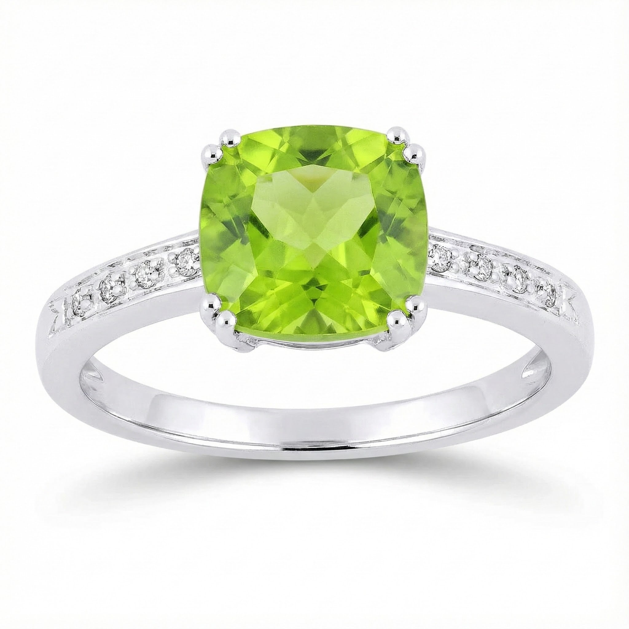 Madison L | Cushion Peridot & Diamond Ring | 14K White Gold | Green Gemstone Ring | Diamond Accents - Brownee Jewelers