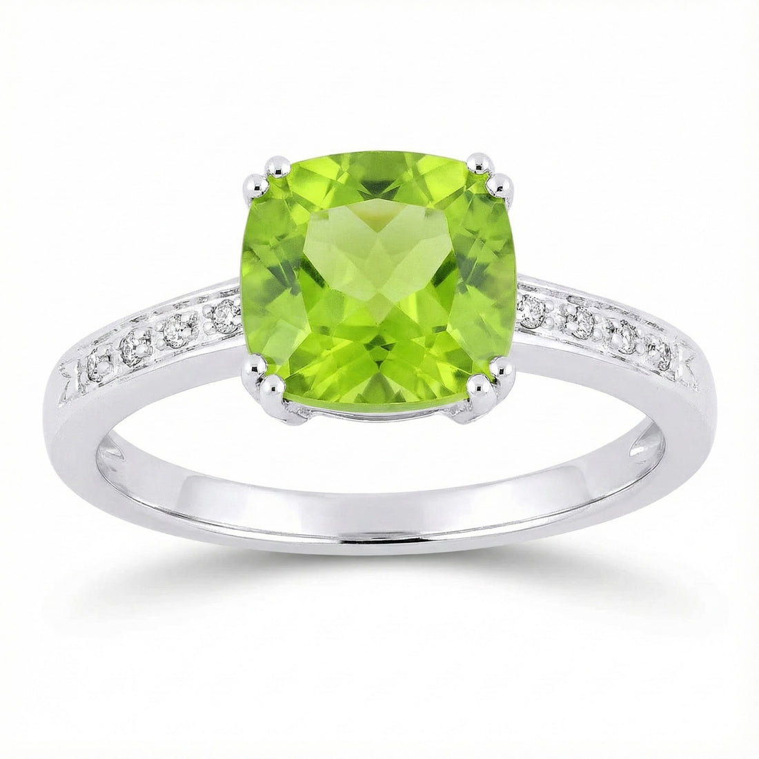 Madison L | Cushion Peridot & Diamond Ring | 14K White Gold | Green Gemstone Ring | Diamond Accents - Brownee Jewelers