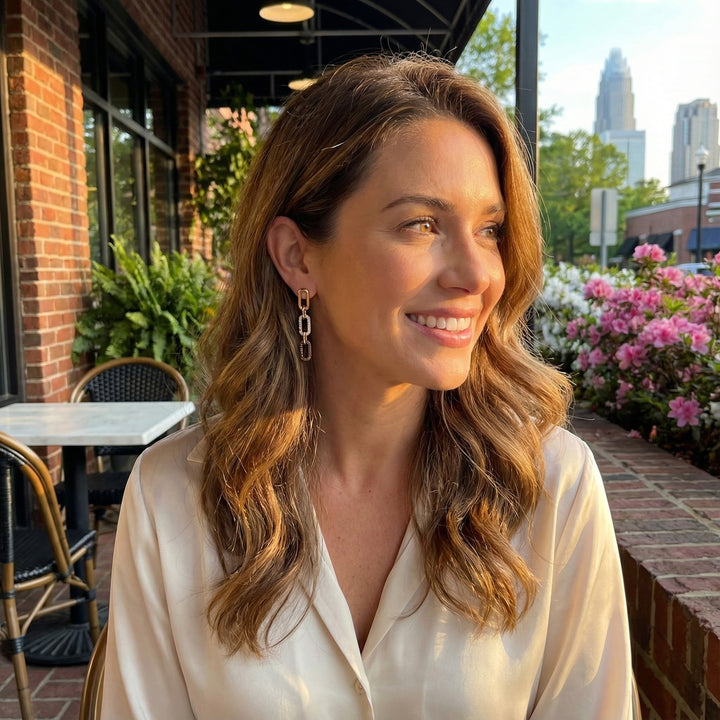 Diamond Link Drop Earrings | 14K Yellow Gold | White & Chocolate Round Diamonds | Hinged Drop - Brownee Jewelers