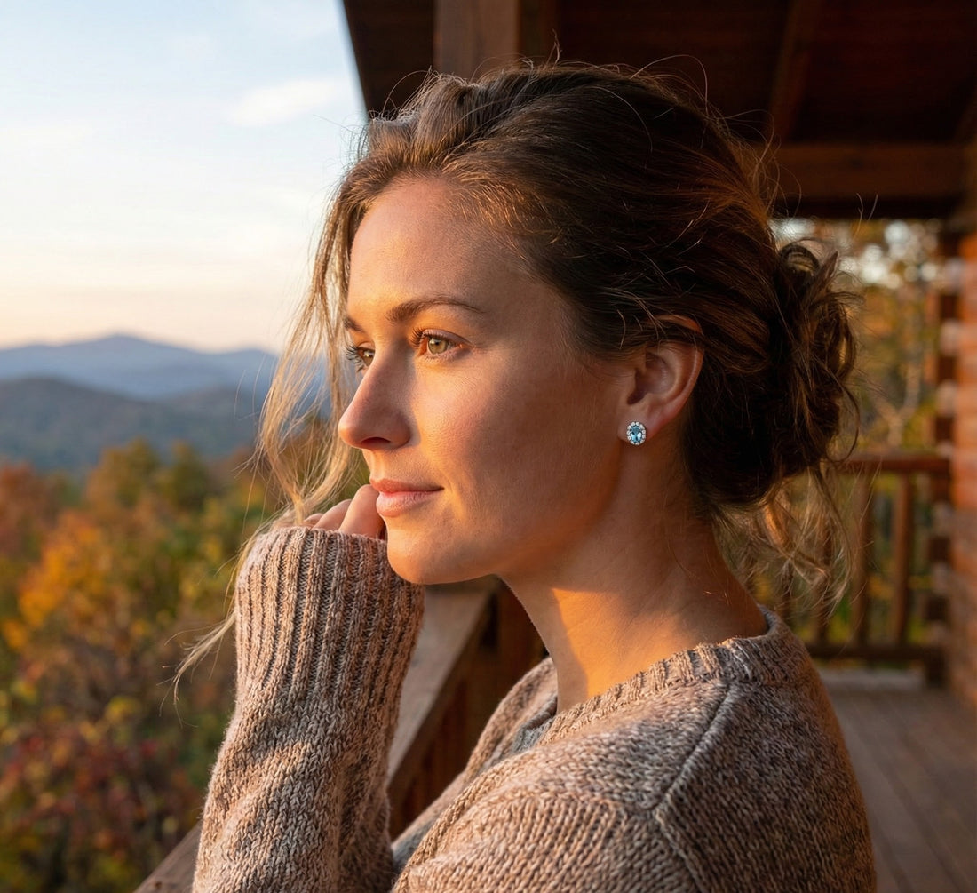 ASHI | Oval Aquamarine Diamond Halo Stud Earrings | 10K White Gold | 0.13 ctw | Friction Back - Brownee Jewelers