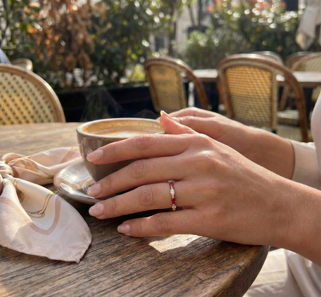 Marquise Ruby & Lab-Grown Diamond Band | 0.20 ct Rubies | 0.10 ctw Diamonds | 10K Yellow Gold - Brownee Jewelers