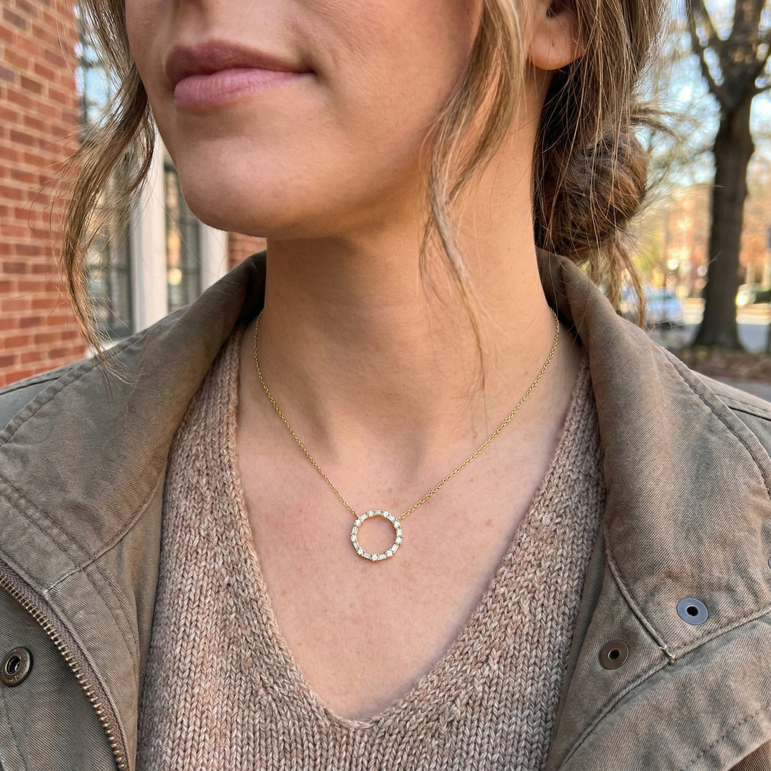 Diamond Baguette Circle Necklace | 14K Yellow Gold | 0.29 ctw Baguette & Round Diamonds | 18" - Brownee Jewelers