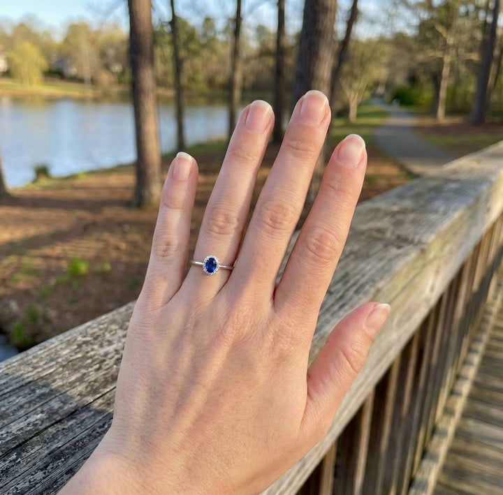 Sapphire & Diamond Halo Ring, 0.07 ctw | 10K White Gold | - Brownee Jewelers