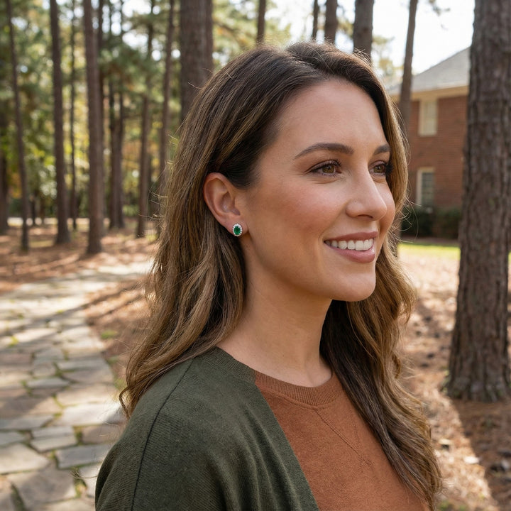 Oval Emerald Diamond Halo Stud Earrings | 10K White Gold | 0.13 ctw | Friction Back - Brownee Jewelers