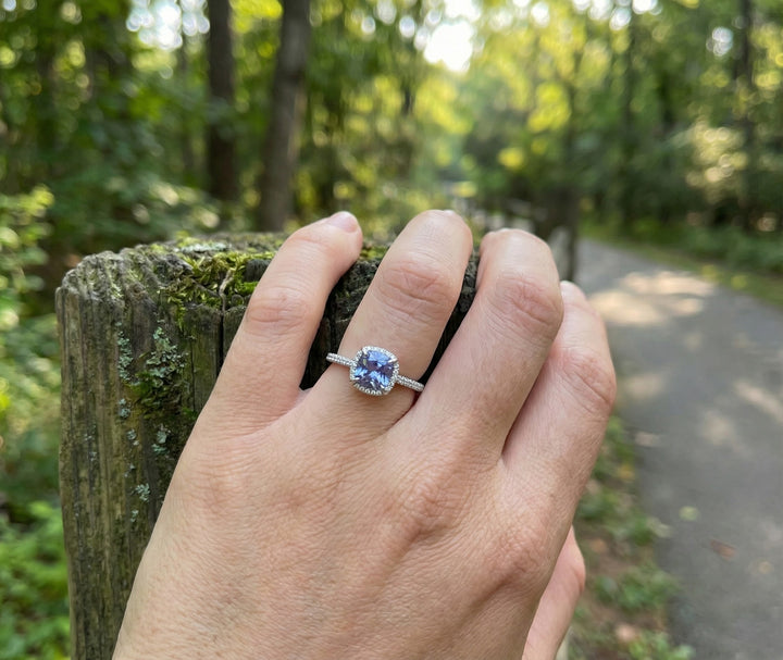 Square Synthetic Aquamarine Halo Ring | Sterling Silver | CZ Accents | Size 7 - Brownee Jewelers