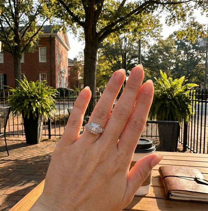 Princess & Round Diamond Halo Ring | 18K White Gold | 0.20 ctw | Square Halo Design - Brownee Jewelers