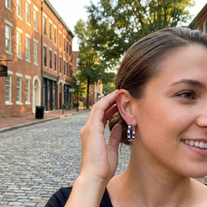 Sapphire & CZ Hoop Earrings | Sterling Silver | 3.52 ctw - Brownee Jewelers