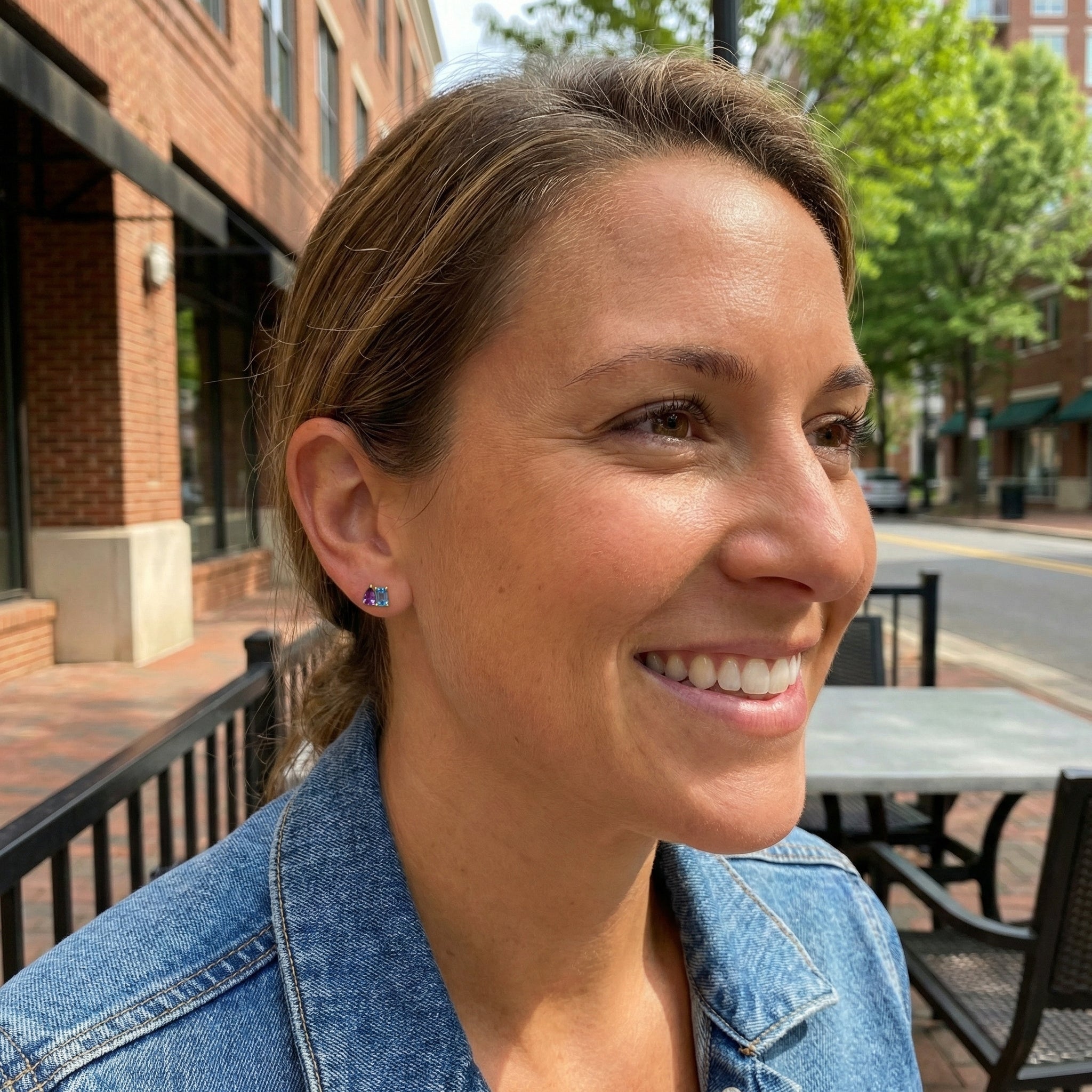 Blue Topaz & Amethyst Stud Earrings | 14K Yellow Gold | Mixed Gemstone Studs - Brownee Jewelers